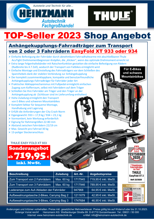 TOP-Seller 2023 - Shop Angebot +++ Anhängekupplungs-Fahrradträger zum Transport von 2 oder 3 Fahrrädern +++ THULE EasyFold XT 933 oder 934“